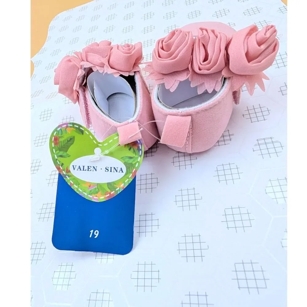 Newborn Baby Girl Pink Mary Jane Crib Dress Shoes Satin Rose Size 1